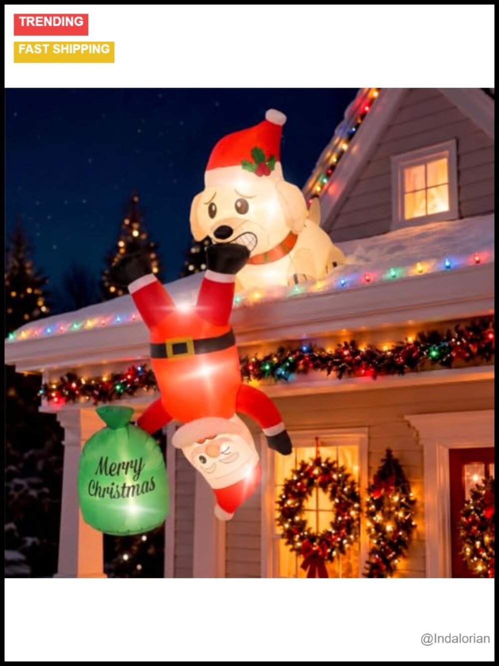 7 FT Christmas Inflatable Hanging Dog & Santa Roof Outdoor Yard Decoration